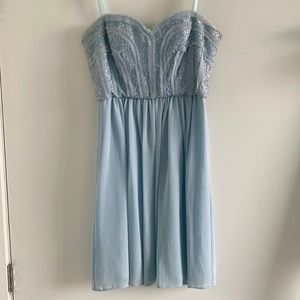 BCBG mini flare sweetheart strapless blue prom formal dress wedding guest